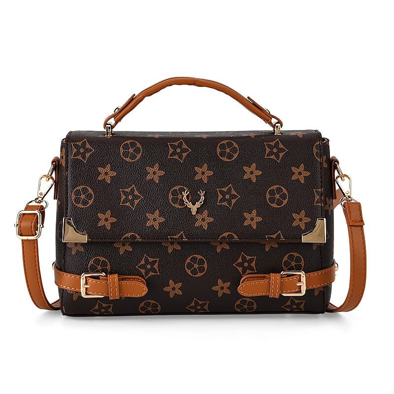 Warehouse Blowout Deal La Marey Dark Brown Signature GD Print Handbag with Shoulder Strap