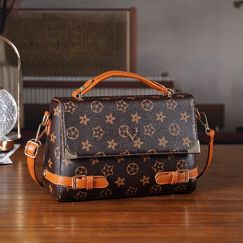 Warehouse Blowout Deal La Marey Dark Brown Signature GD Print Handbag with Shoulder Strap