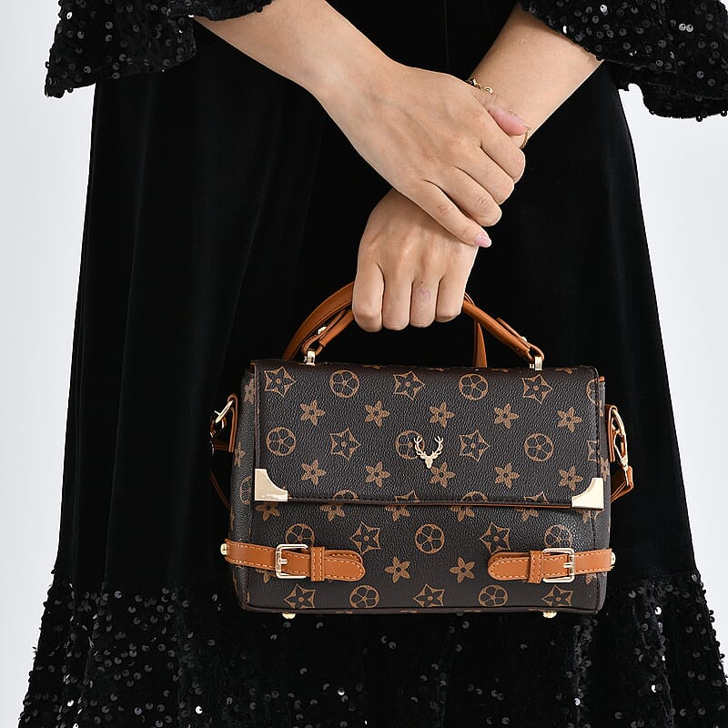 Warehouse Blowout Deal La Marey Dark Brown Signature GD Print Handbag with Shoulder Strap