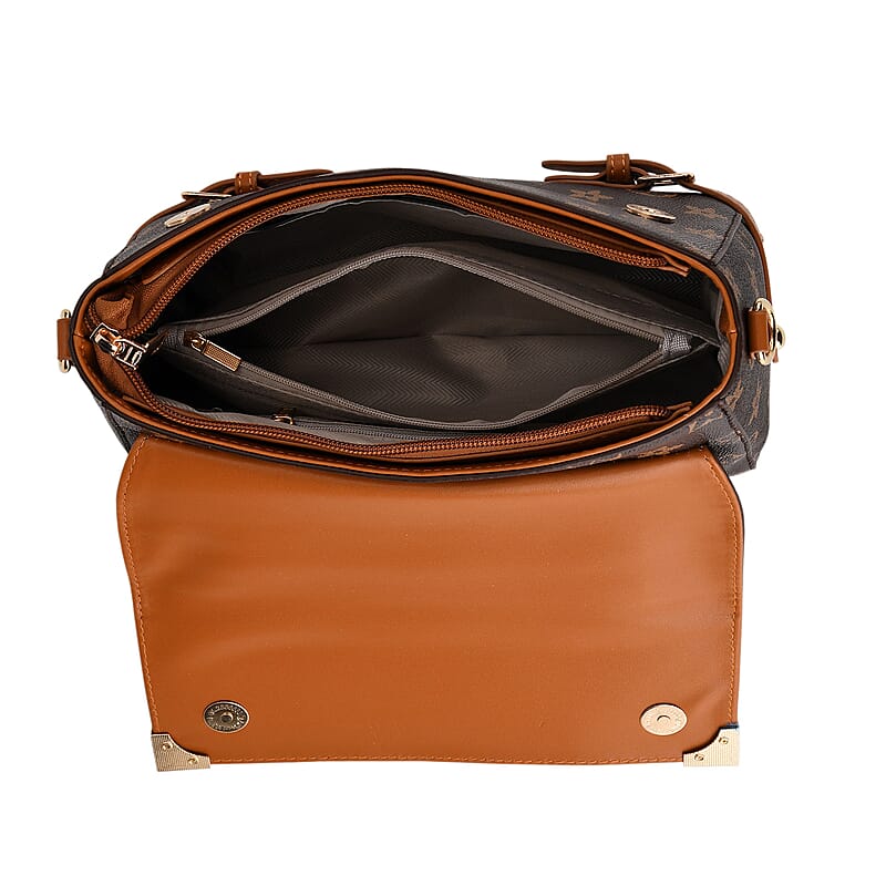 Warehouse Blowout Deal La Marey Dark Brown Signature GD Print Handbag with Shoulder Strap