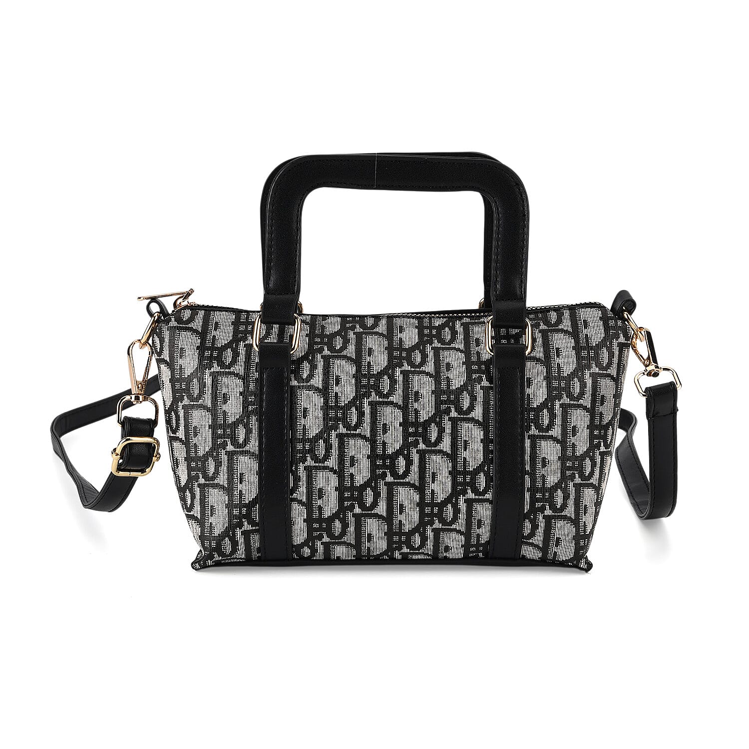 Warehouse Blowout Deal La Marey Black and White Printed Letter D Tote Bag with Adjustable Shoulder Strap