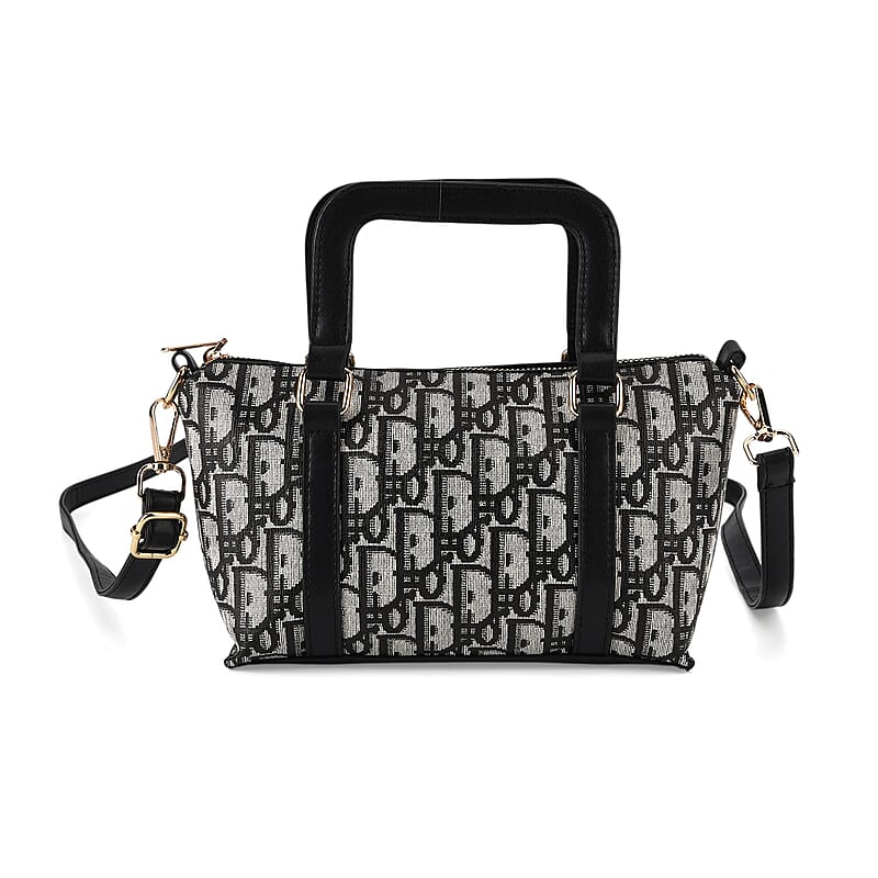 Warehouse Blowout Deal La Marey Black and White Printed Letter D Tote Bag with Adjustable Shoulder Strap