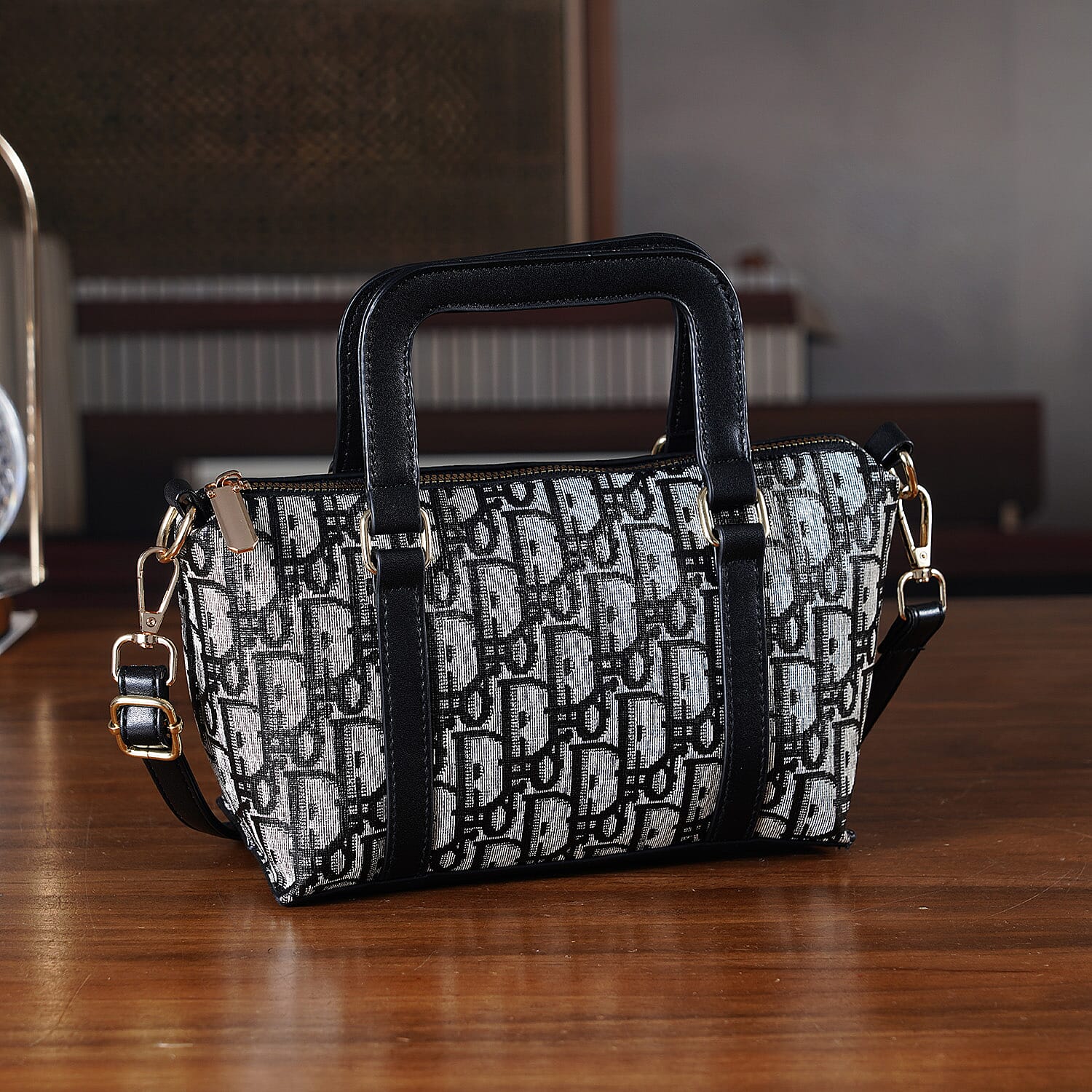 Warehouse Blowout Deal La Marey Black and White Printed Letter D Tote Bag with Adjustable Shoulder Strap