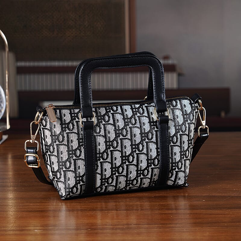 Warehouse Blowout Deal La Marey Black and White Printed Letter D Tote Bag with Adjustable Shoulder Strap