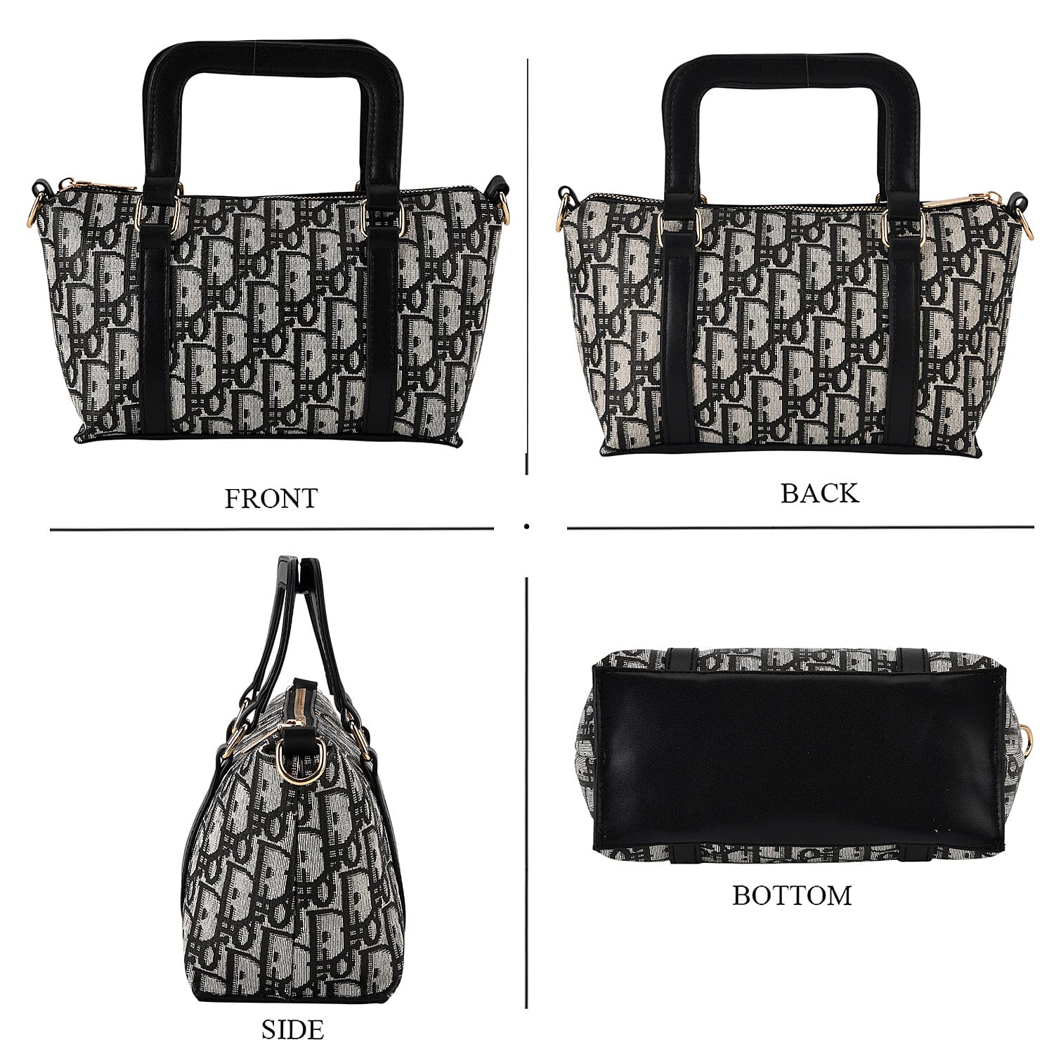 Warehouse Blowout Deal La Marey Black and White Printed Letter D Tote Bag with Adjustable Shoulder Strap