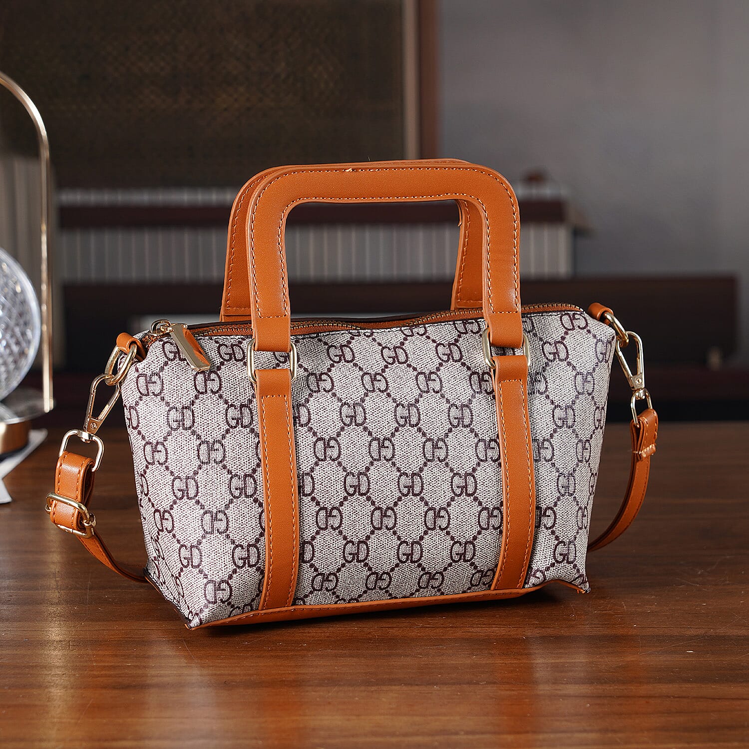 Warehouse Blowout Deal La Marey Khaki Letter D Printed Tote Bag with Adjustable Shoulder Strap