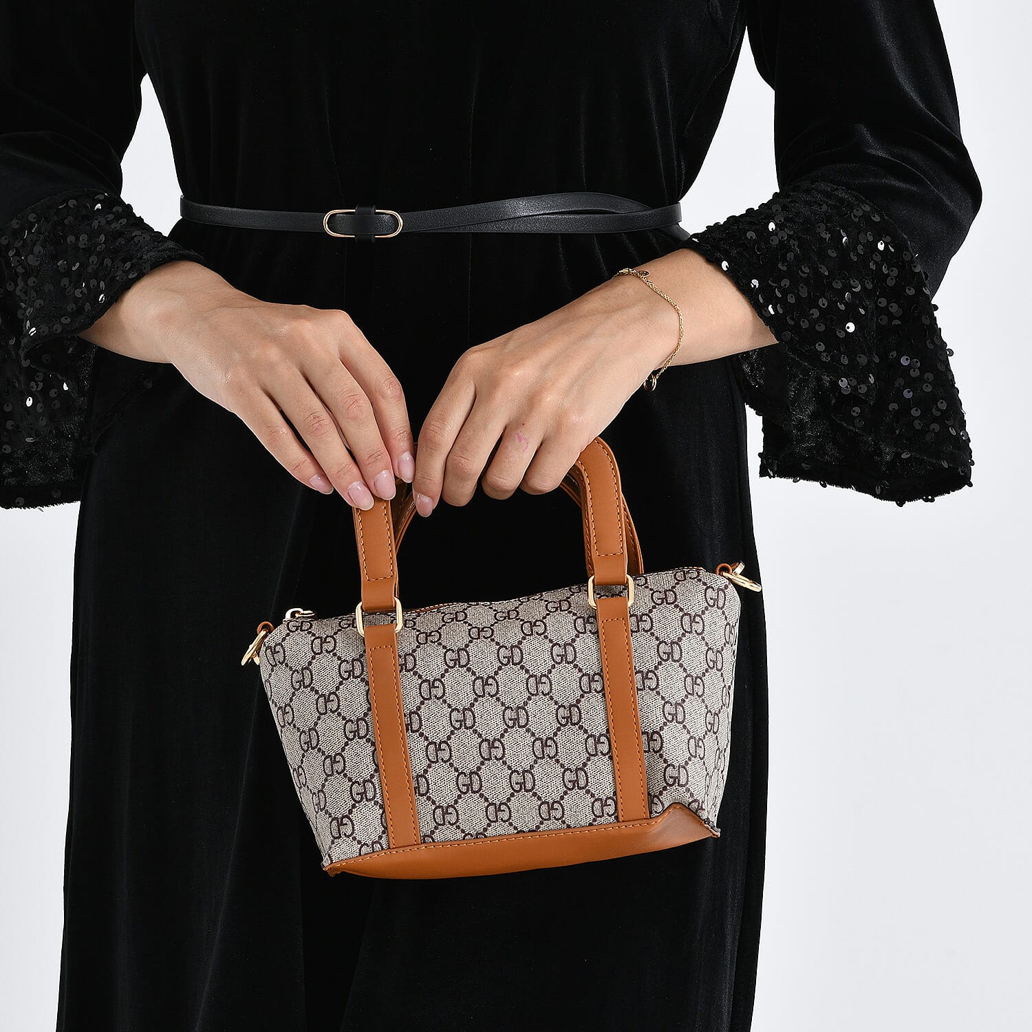 Warehouse Blowout Deal La Marey Khaki Letter D Printed Tote Bag with Adjustable Shoulder Strap