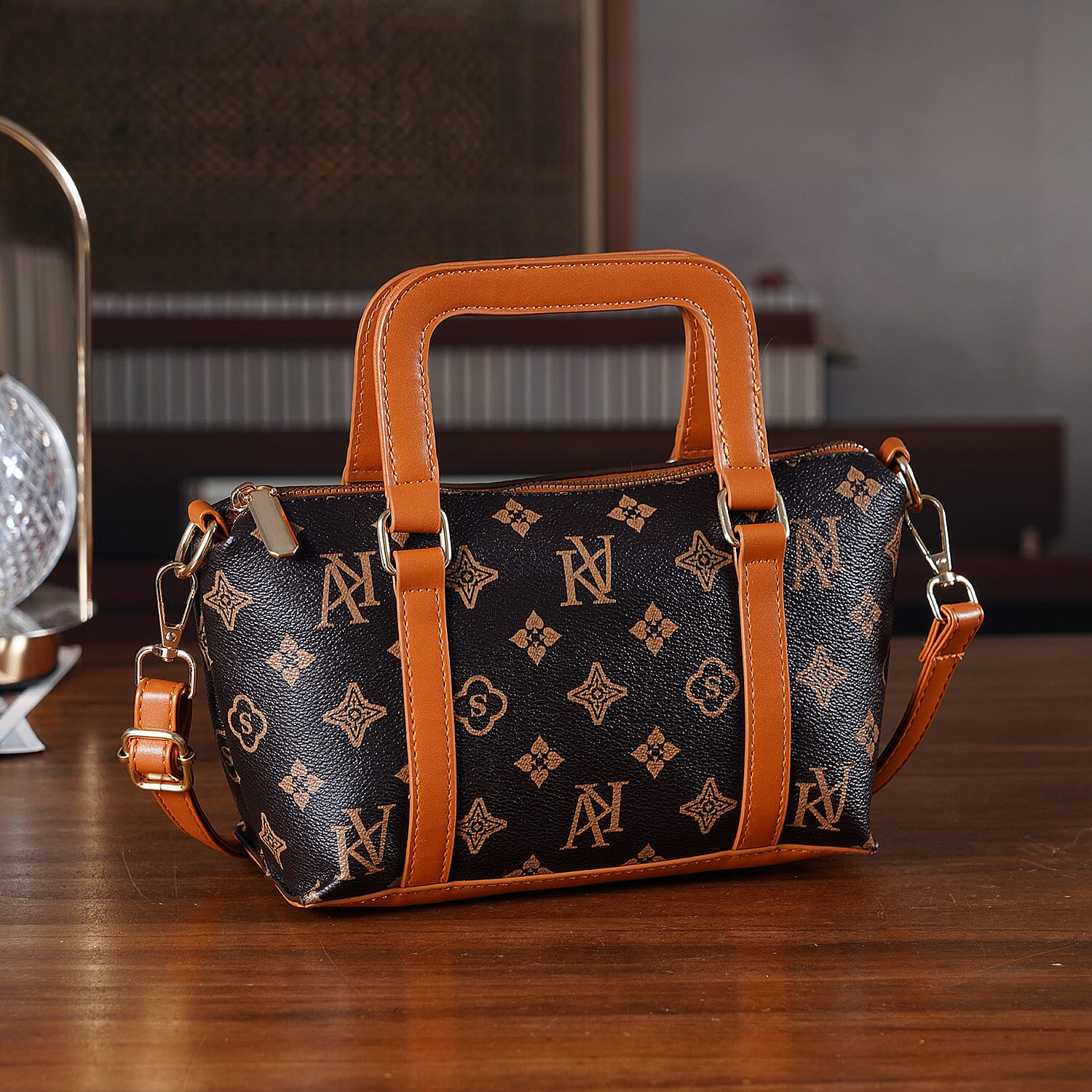 Warehouse Blowout Deal La Marey Dark Brown Letter D Printed Tote Bag with Adjustable Shoulder Strap