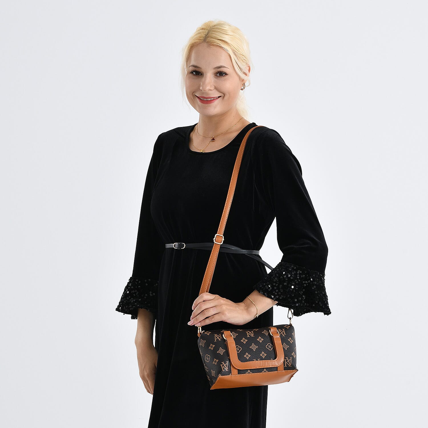 Warehouse Blowout Deal La Marey Dark Brown Letter D Printed Tote Bag with Adjustable Shoulder Strap