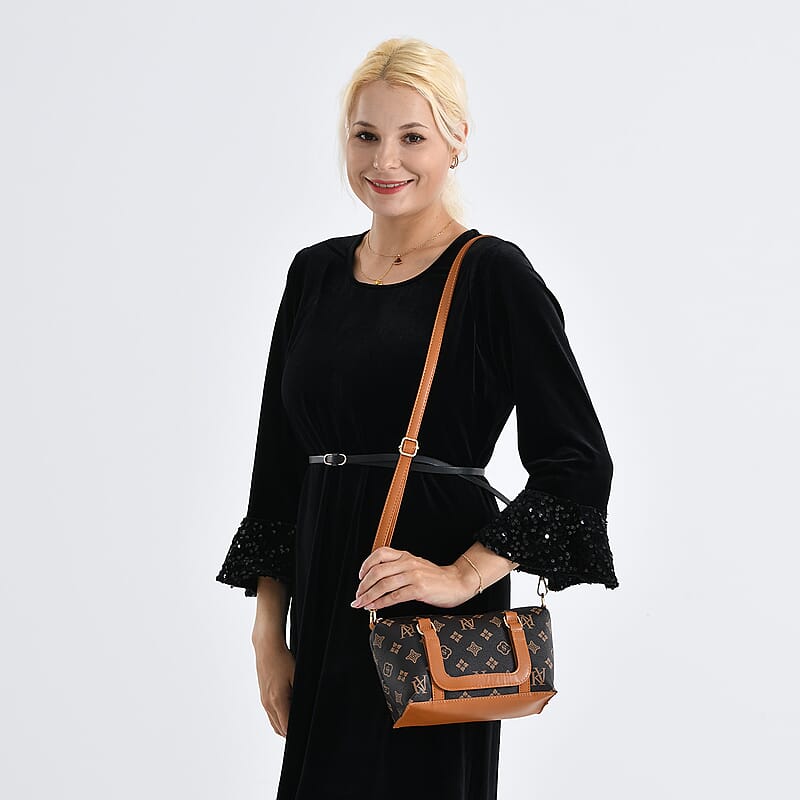 Warehouse Blowout Deal La Marey Dark Brown Letter D Printed Tote Bag with Adjustable Shoulder Strap