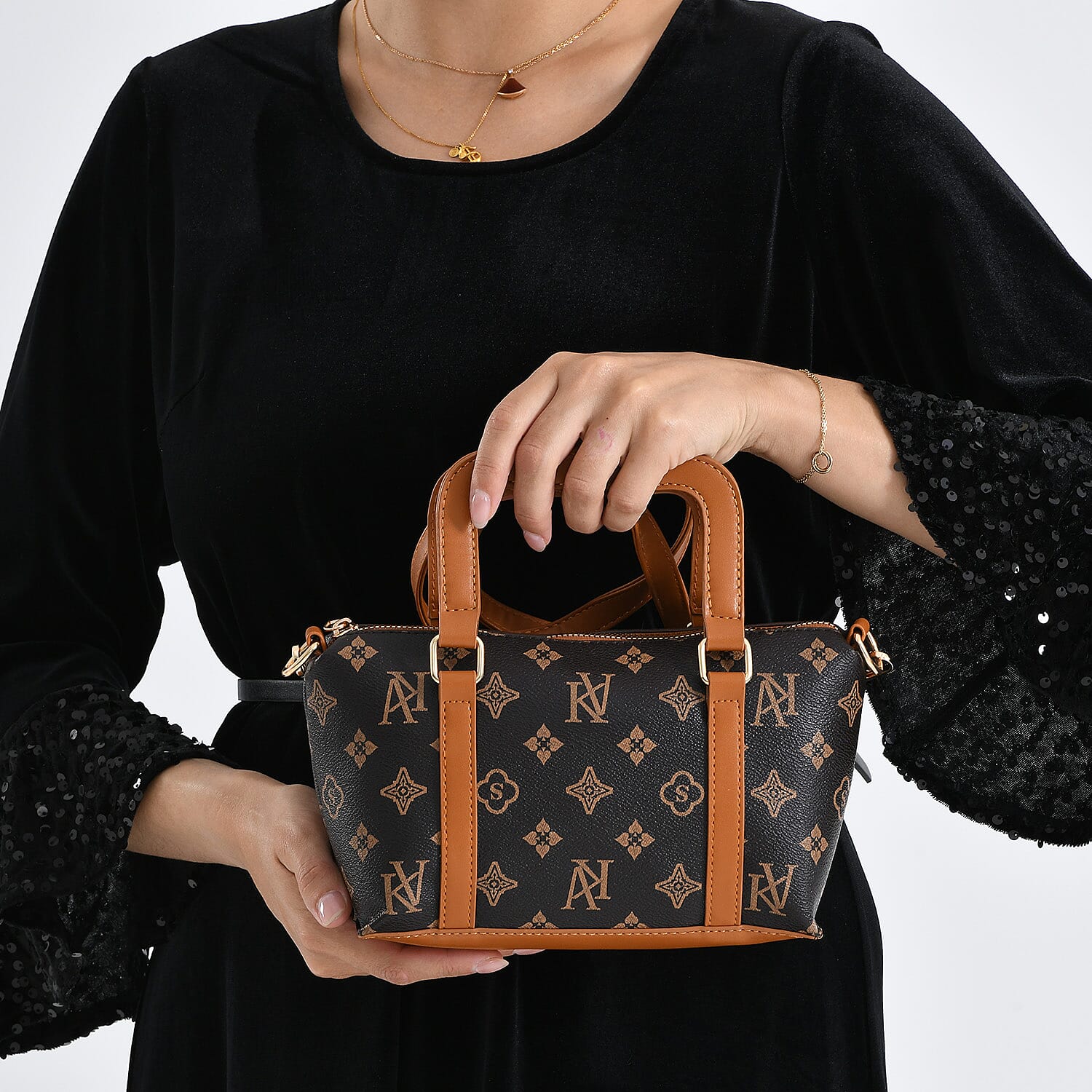 Warehouse Blowout Deal La Marey Dark Brown Letter D Printed Tote Bag with Adjustable Shoulder Strap
