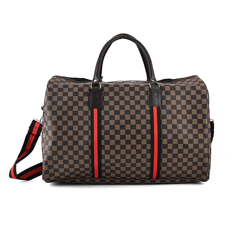 La Marey Light and Dark Khaki Grid Pattern Faux Leather Duffel Bag