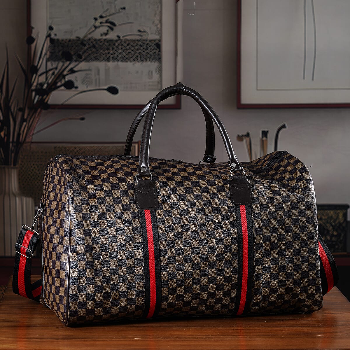 La Marey Light and Dark Khaki Grid Pattern Faux Leather Duffel Bag image number 1