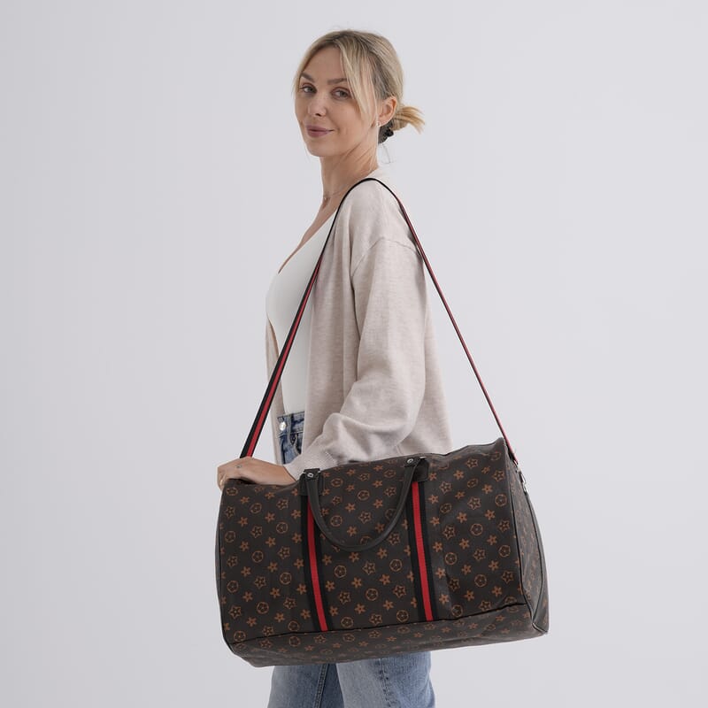 La Marey Light and Dark Khaki Grid Pattern Faux Leather Duffel Bag