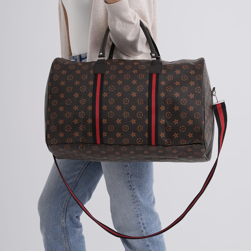 La Marey Light and Dark Khaki Grid Pattern Faux Leather Duffel Bag