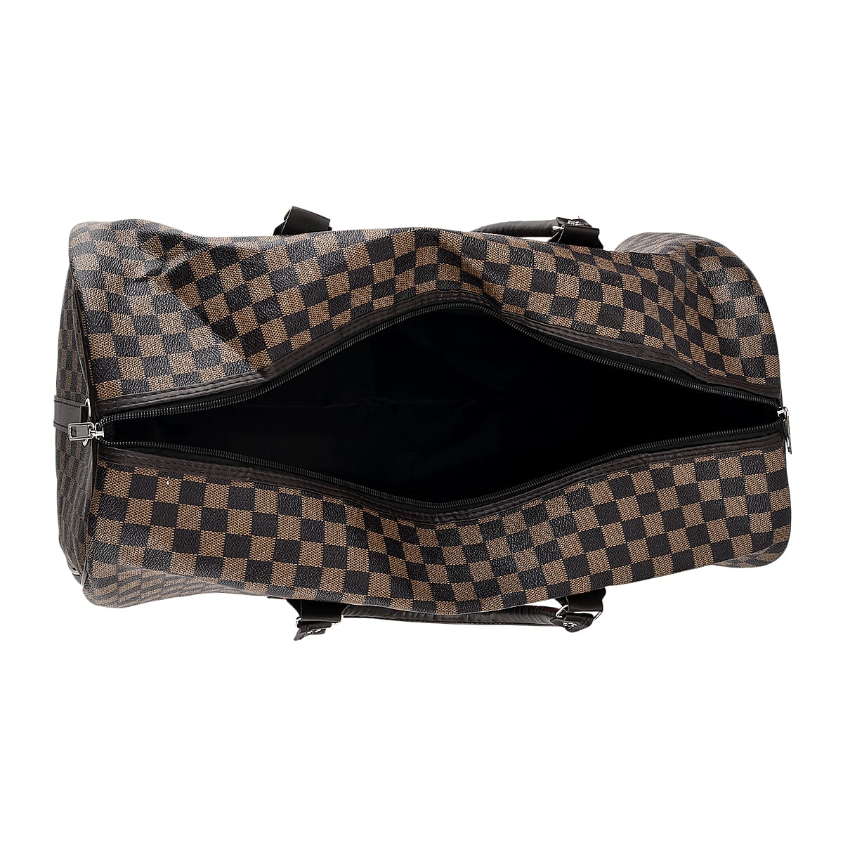 La Marey Light and Dark Khaki Grid Pattern Faux Leather Duffel Bag image number 5