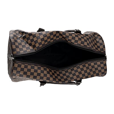 La Marey Light and Dark Khaki Grid Pattern Faux Leather Duffel Bag