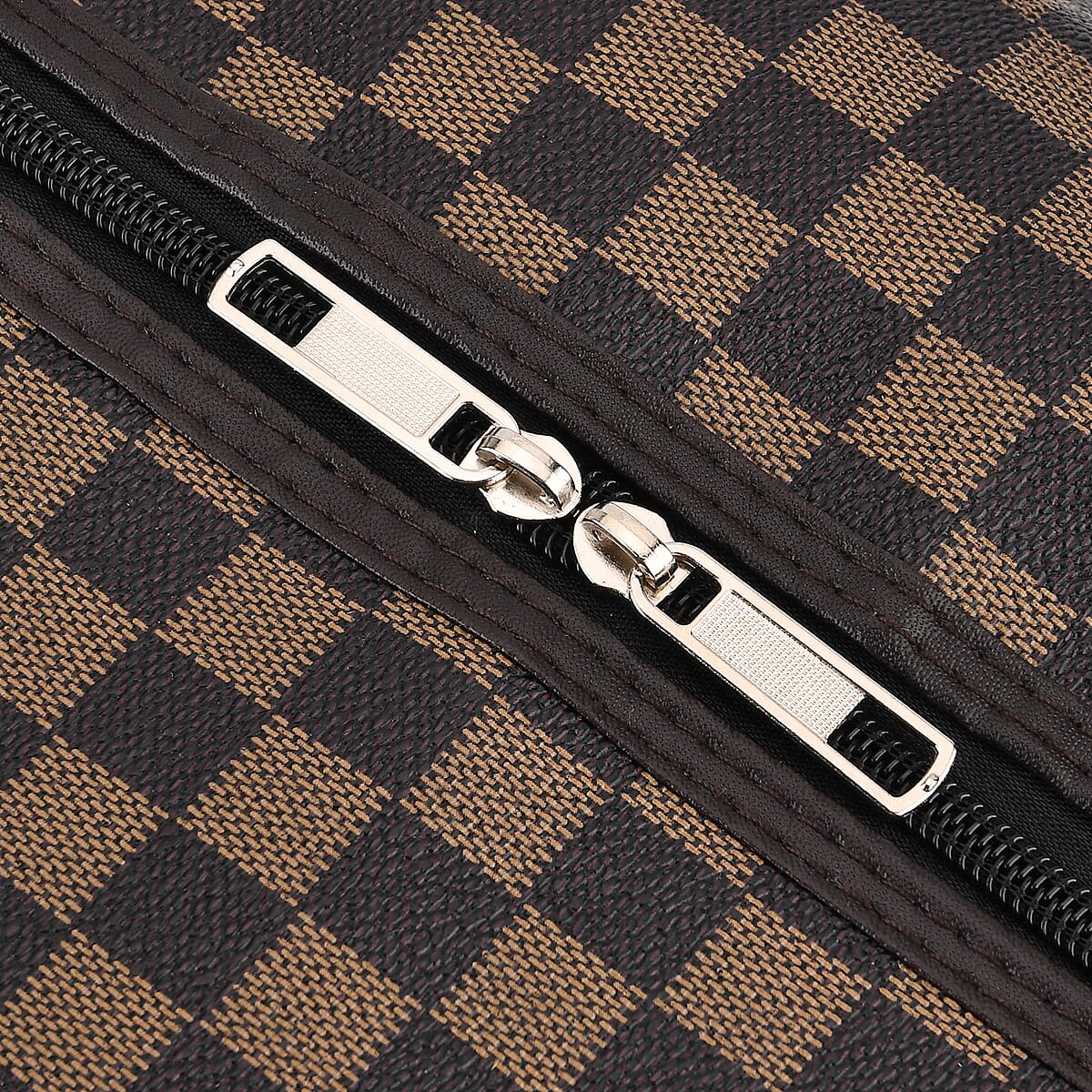 La Marey Light and Dark Khaki Grid Pattern Faux Leather Duffel Bag image number 6