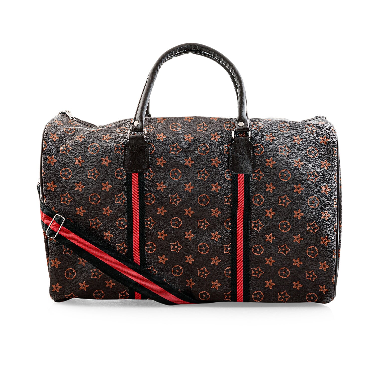 La Marey Dark Coffee Monogram Pattern Faux Leather Duffel Bag