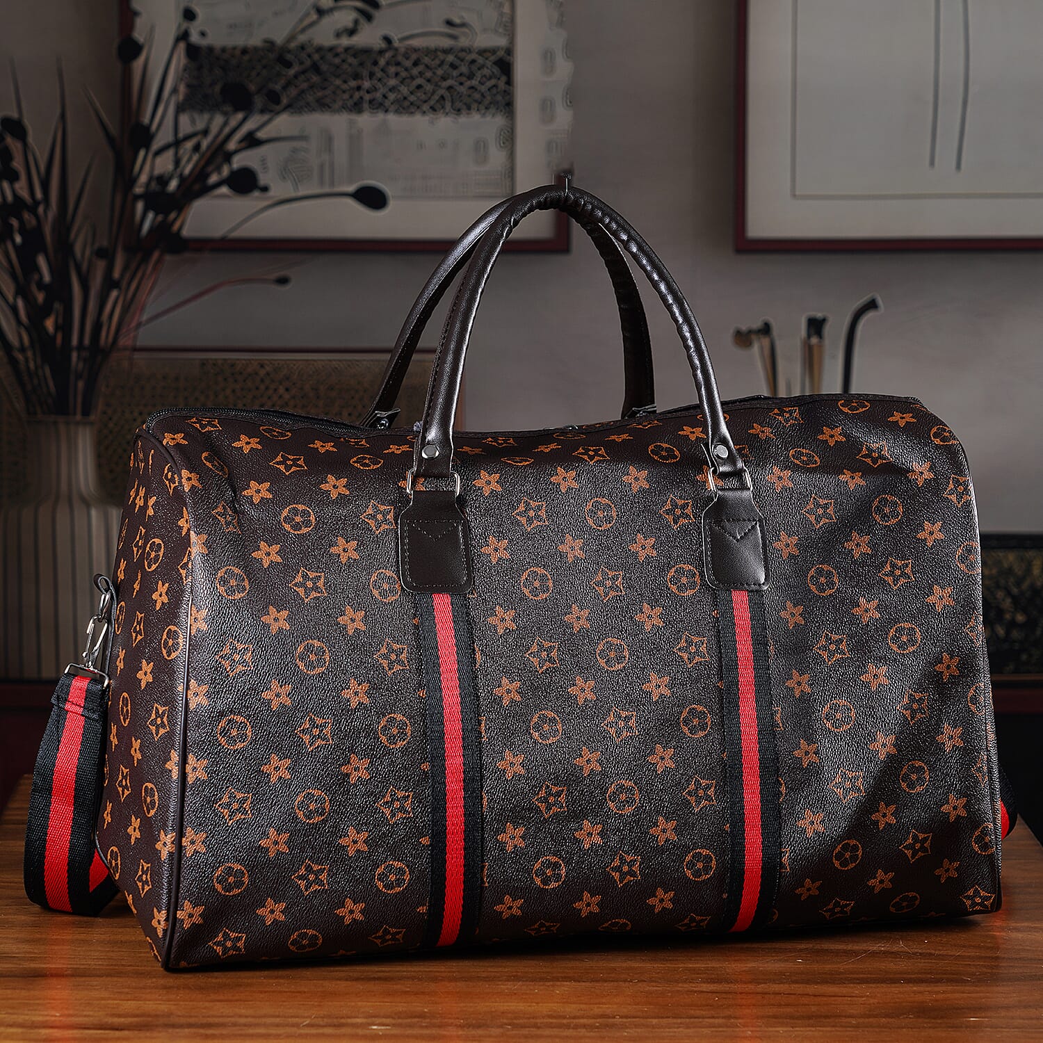 La Marey Dark Coffee Monogram Pattern Faux Leather Duffel Bag