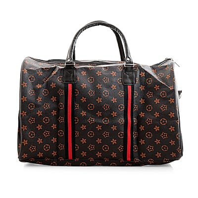 La Marey Dark Coffee Monogram Pattern Faux Leather Duffel Bag