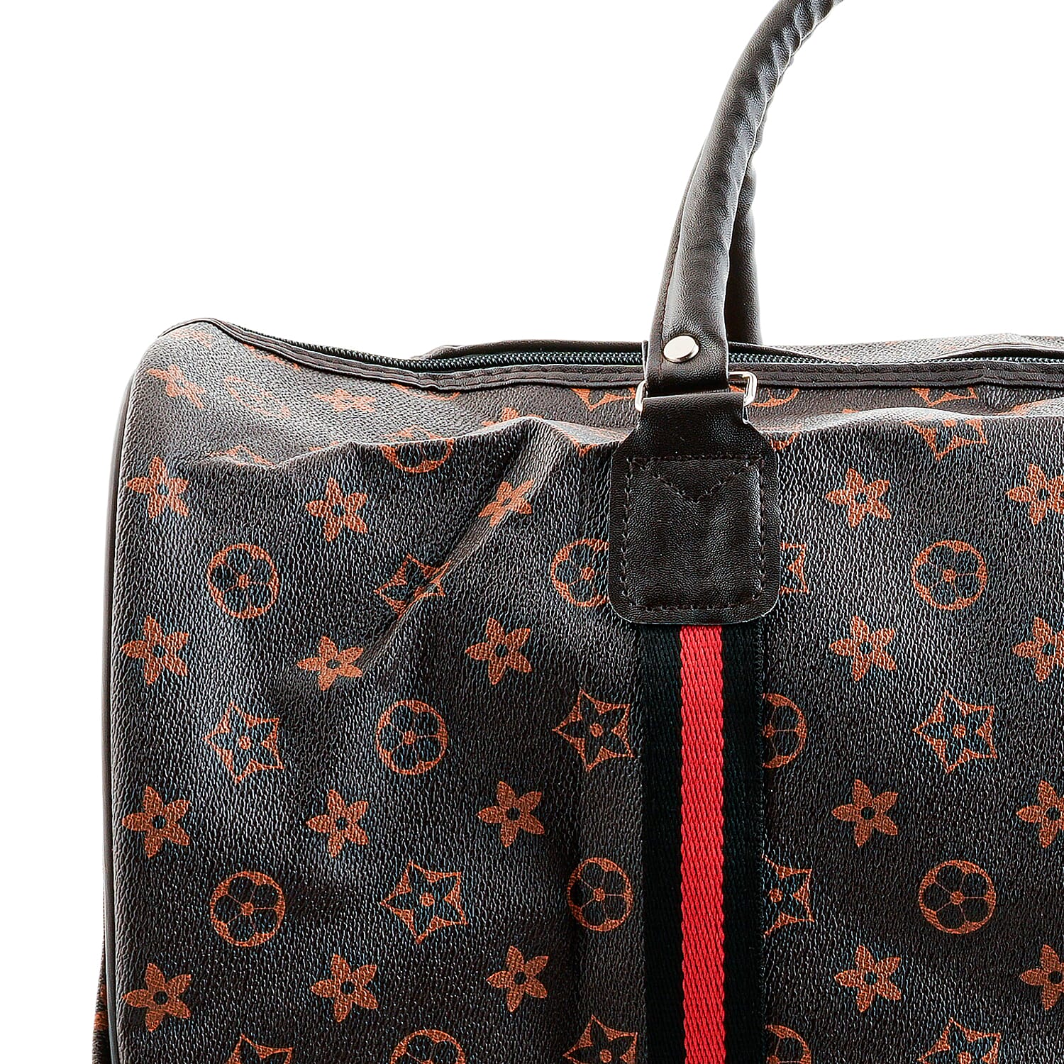 La Marey Dark Coffee Monogram Pattern Faux Leather Duffel Bag