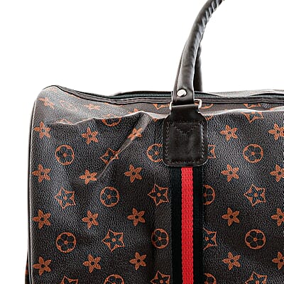 La Marey Dark Coffee Monogram Pattern Faux Leather Duffel Bag