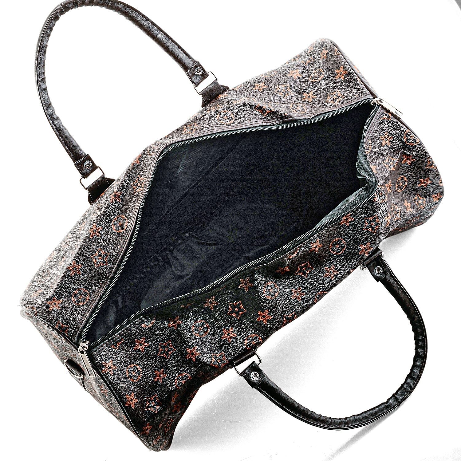 La Marey Dark Coffee Monogram Pattern Faux Leather Duffel Bag