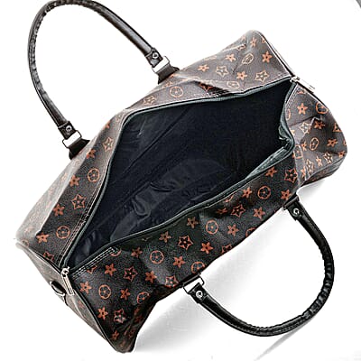 La Marey Dark Coffee Monogram Pattern Faux Leather Duffel Bag