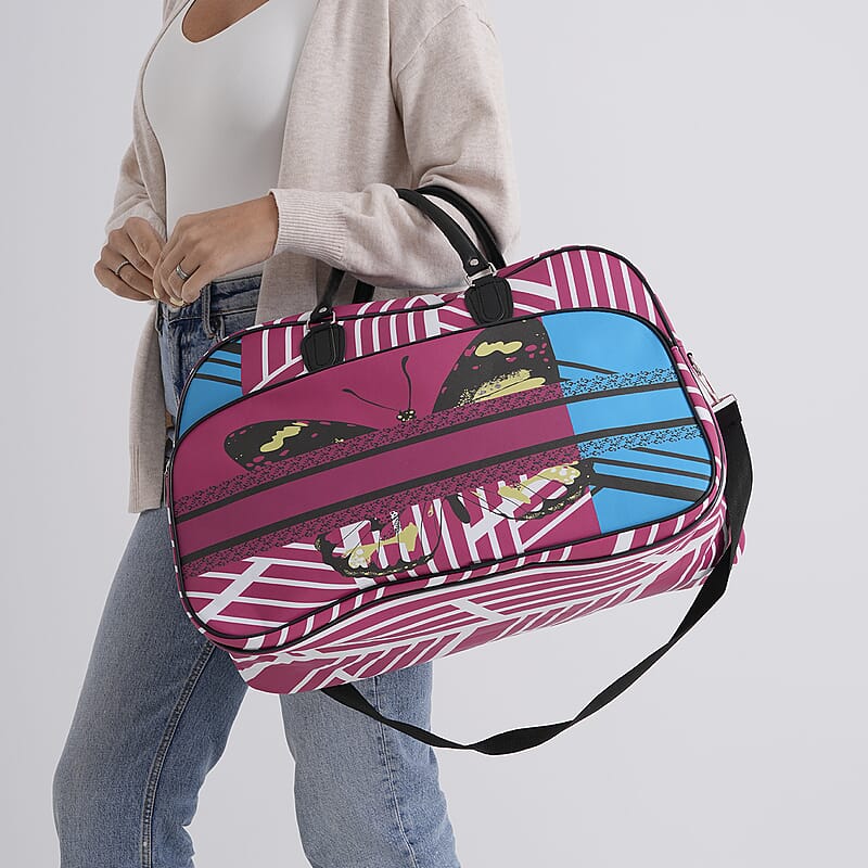 La Marey Pink and Blue Faux Leather Duffel Bag