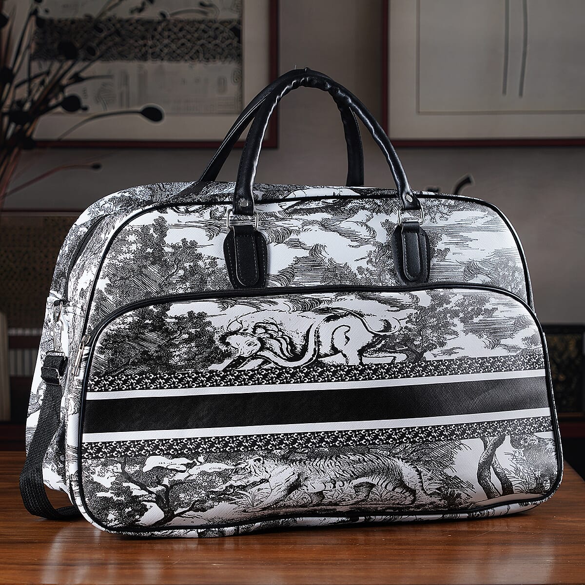 La Marey Black and White Faux Leather Duffel Bag image number 1