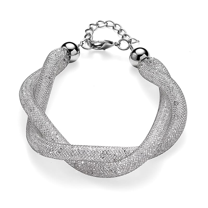 White Austrian Crystal Twisted Rope Bracelet in Silvertone (9.5-11.5In)