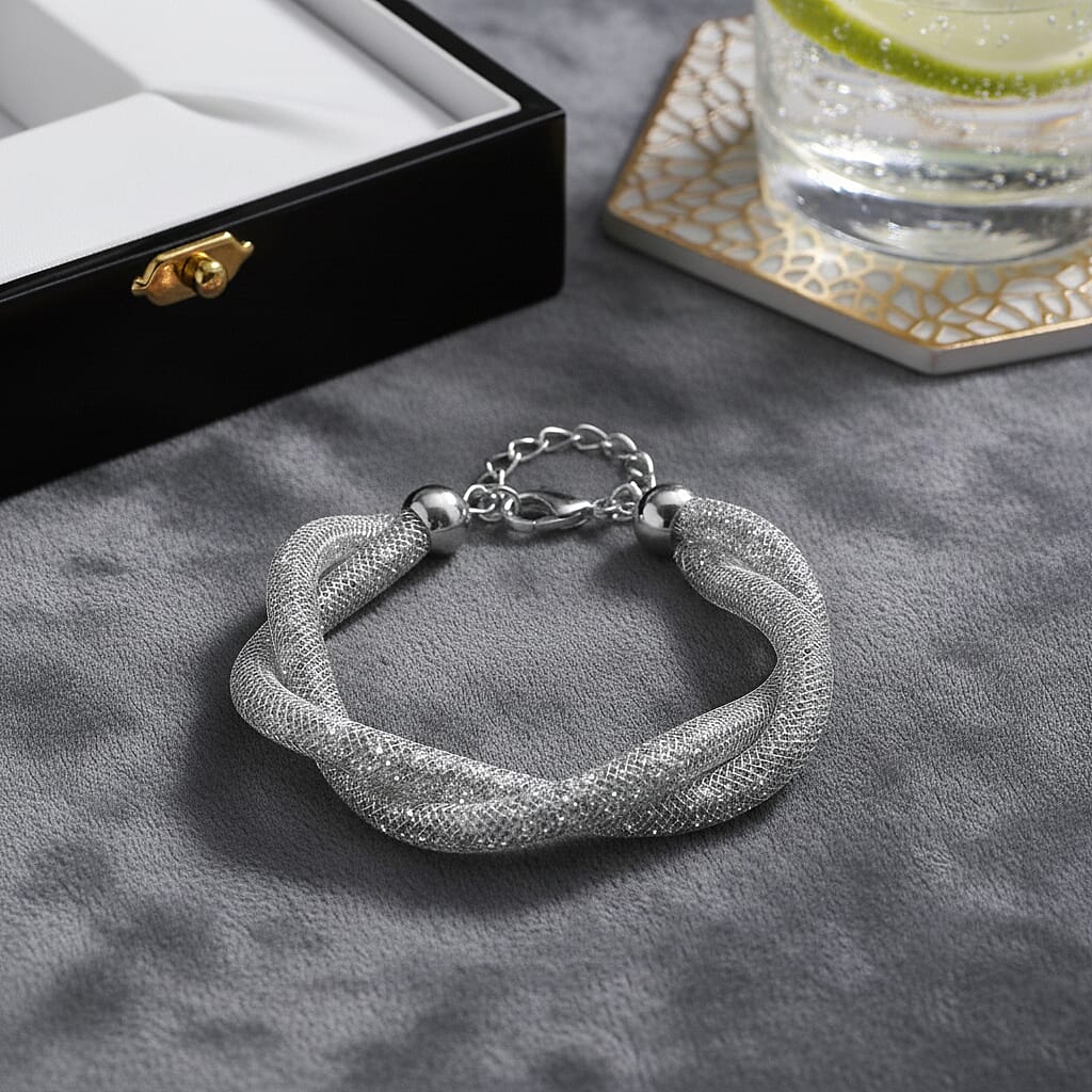 White Austrian Crystal Twisted Rope Bracelet in Silvertone (9.5-11.5In)