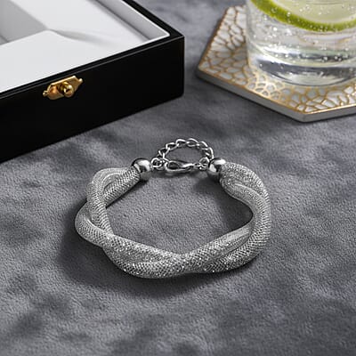 White Austrian Crystal Twisted Rope Bracelet in Silvertone (9.5-11.5In)