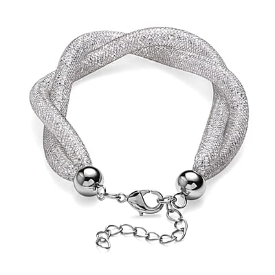 White Austrian Crystal Twisted Rope Bracelet in Silvertone (9.5-11.5In)