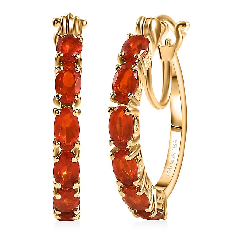 D'Joy Mexican Cherry Fire Opal 1.85 ctw Hoop Earrings in 18K Vermeil Yellow Gold Over Sterling Silver