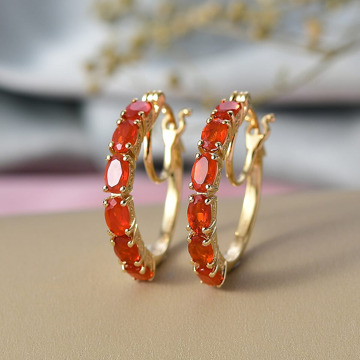 D'Joy Mexican Cherry Fire Opal 1.85 ctw Hoop Earrings in 18K Vermeil Yellow Gold Over Sterling Silver image number 1
