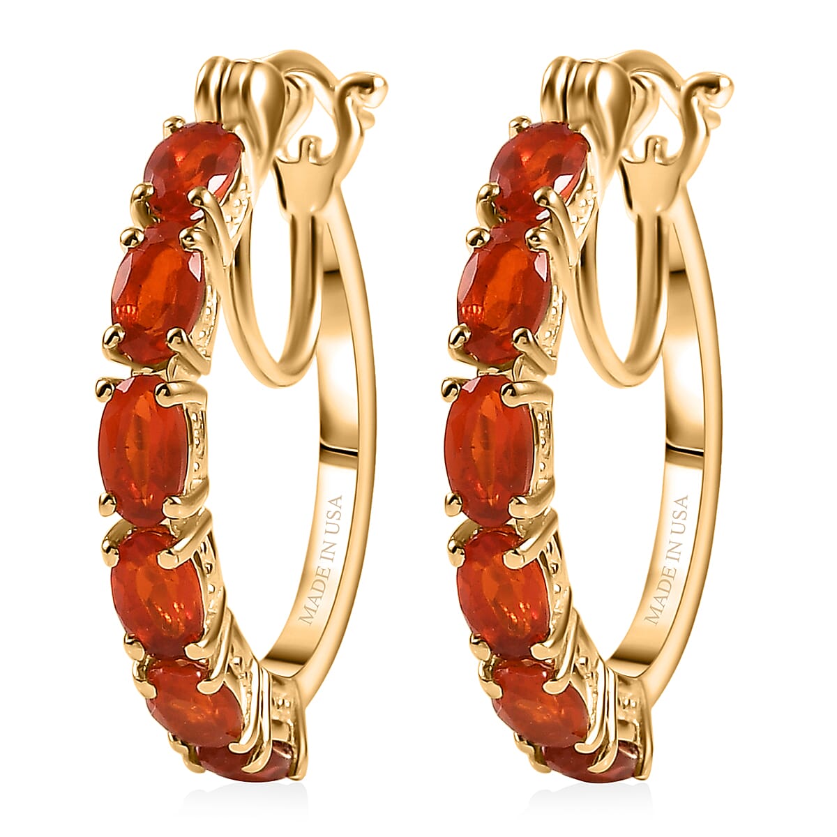 D'Joy Mexican Cherry Fire Opal 1.85 ctw Hoop Earrings in 18K Vermeil Yellow Gold Over Sterling Silver image number 3