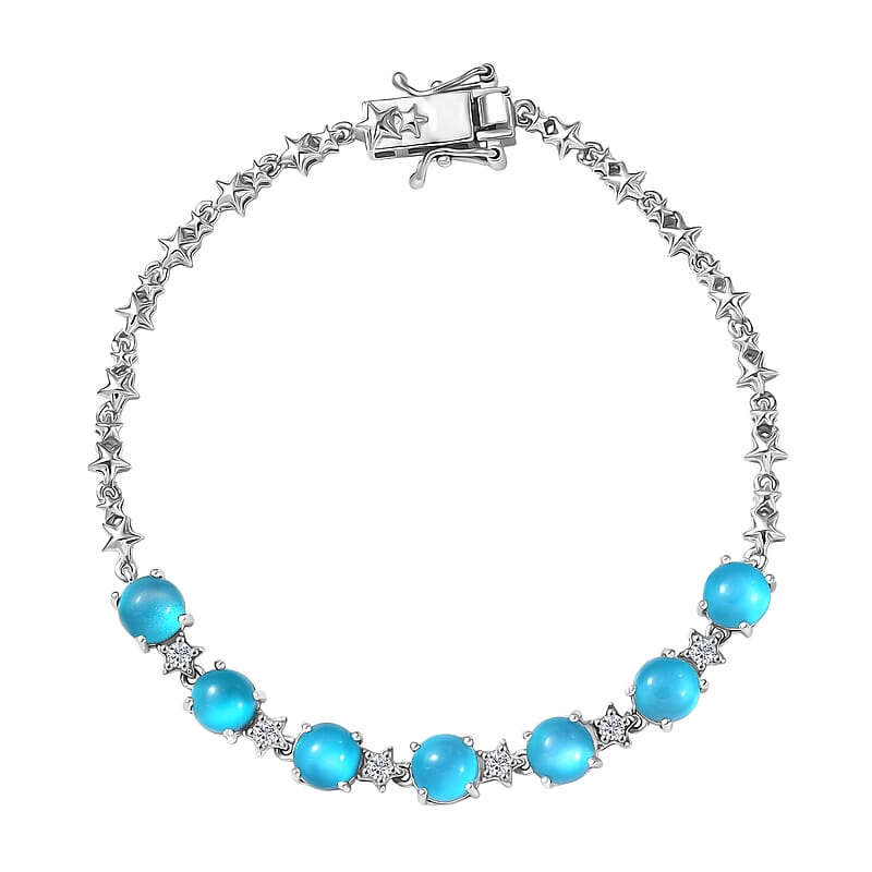 D'Joy Premium Paraiba Moonstone and White Zircon 7.50 ctw Bracelet in Rhodium Over Sterling Silver (7.50 In)