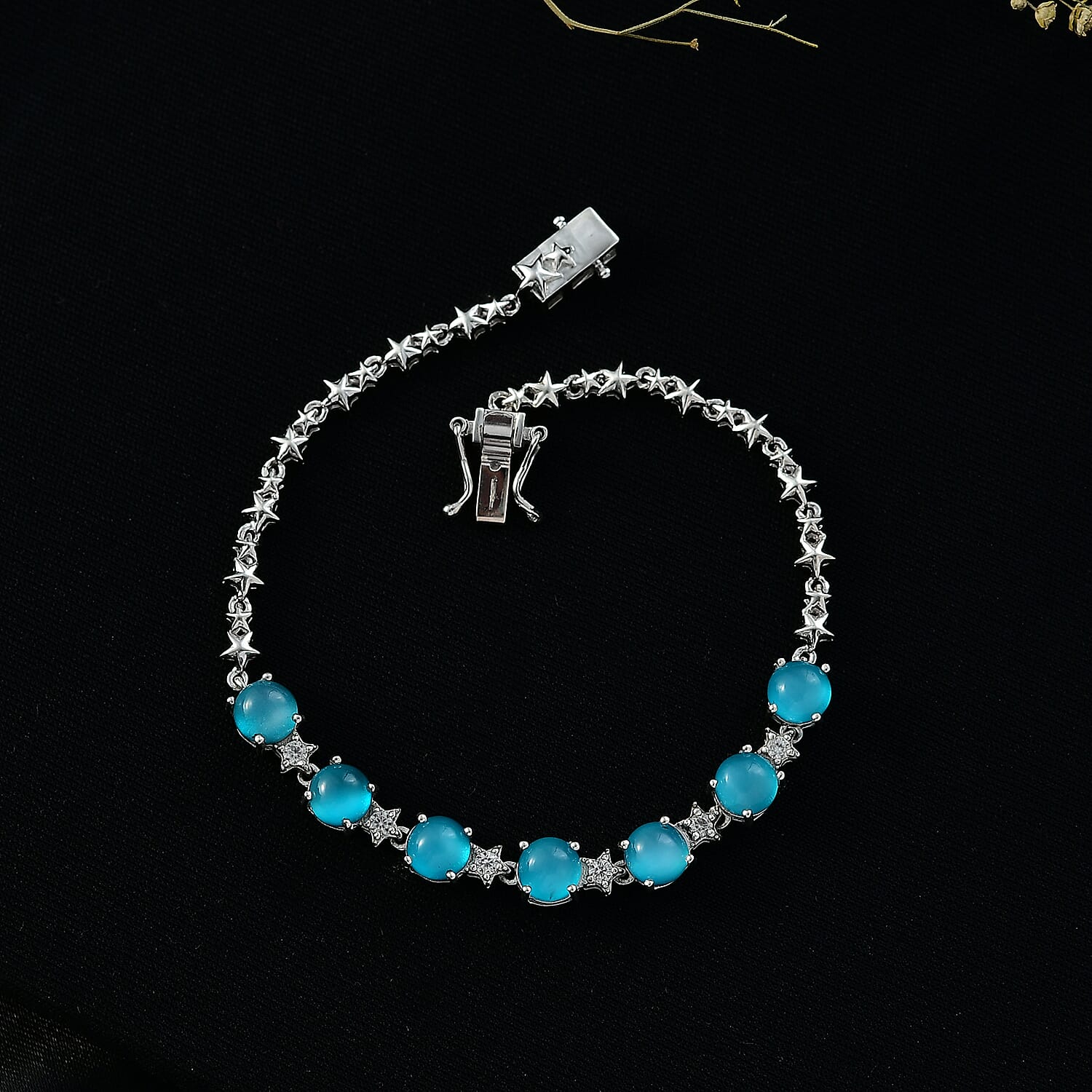 D'Joy Premium Paraiba Moonstone and White Zircon 7.50 ctw Bracelet in Rhodium Over Sterling Silver (7.50 In)