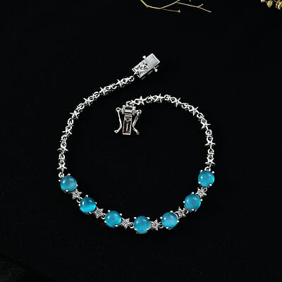 D'Joy Premium Paraiba Moonstone and White Zircon 7.50 ctw Bracelet in Rhodium Over Sterling Silver (7.50 In)