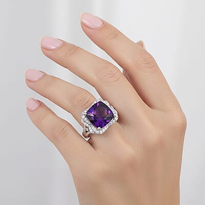 D'Joy AAA Zambian Amethyst and Moissanite 5.65 ctw Poinsettia flower Ring in Rhodium Over Sterling Silver (Size 10.0)