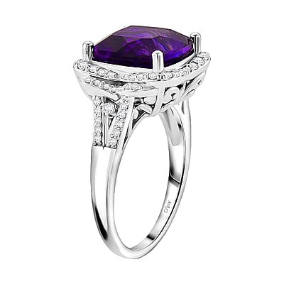 D'Joy AAA Zambian Amethyst and Moissanite 5.65 ctw Poinsettia flower Ring in Rhodium Over Sterling Silver (Size 10.0)