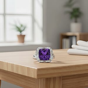 Doorbuster D'Joy AAA Zambian Amethyst and Moissanite 5.65 ctw Poinsettia flower Ring in Rhodium Over Sterling Silver (Size 8.0)