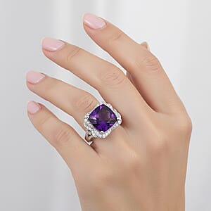 Doorbuster D'Joy AAA Zambian Amethyst and Moissanite 5.65 ctw Poinsettia flower Ring in Rhodium Over Sterling Silver (Size 8.0)