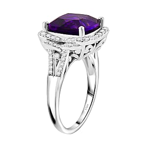 Doorbuster D'Joy AAA Zambian Amethyst and Moissanite 5.65 ctw Poinsettia flower Ring in Rhodium Over Sterling Silver (Size 8.0)