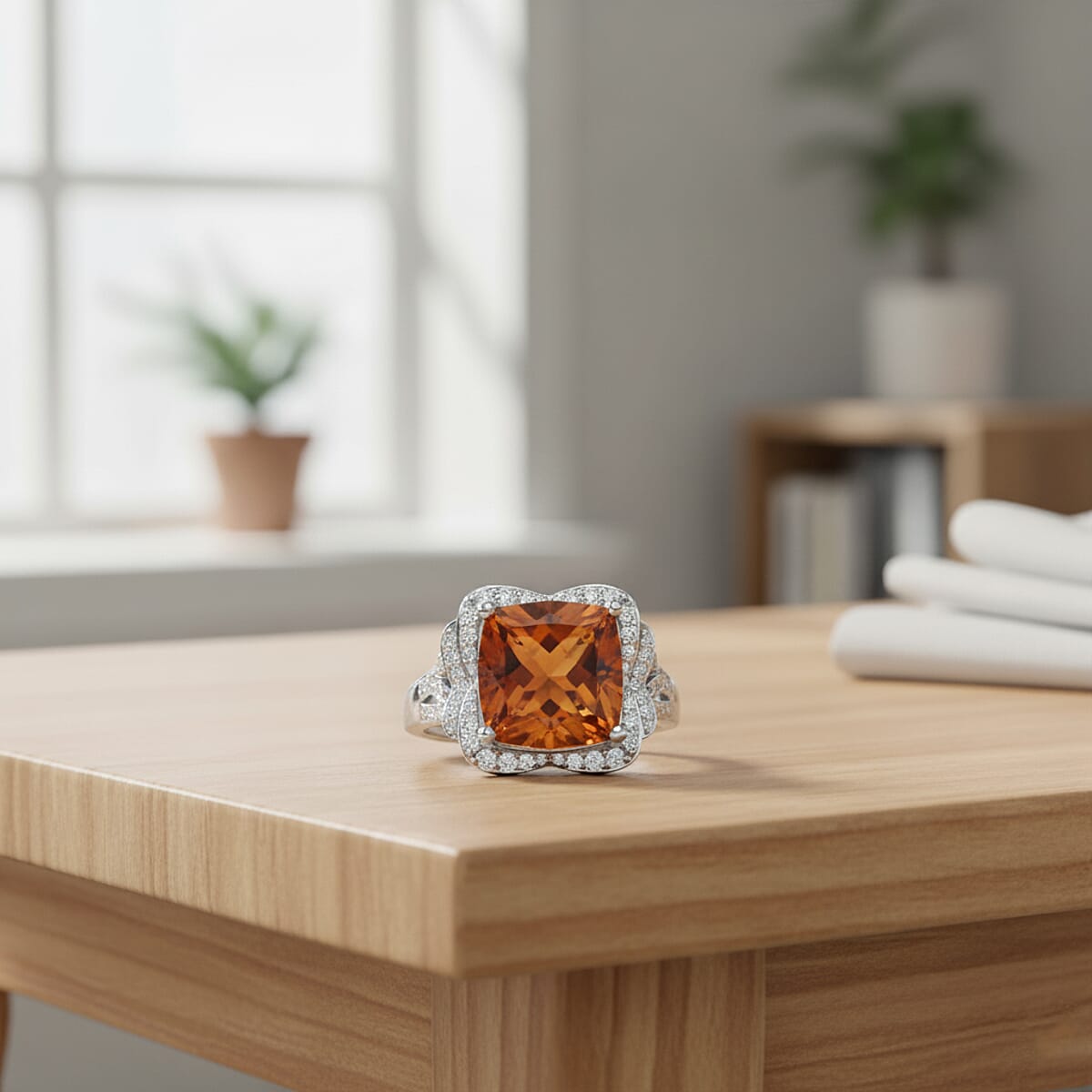 Doorbuster D'Joy AAA Santa Ana Madeira Citrine and Moissanite 5.50 ctw Poinsettia flower Ring in Rhodium Over Sterling Silver (Size 7.0) image number 1