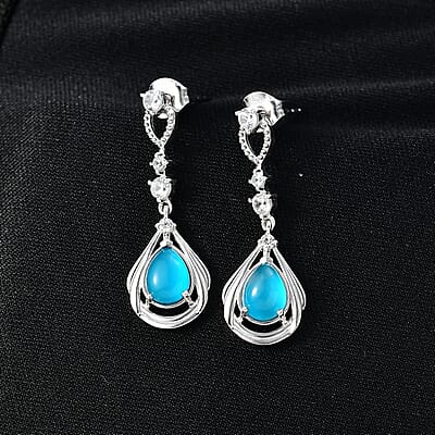 D'Joy Premium Paraiba Moonstone and White Zircon 2.70 ctw Earrings in Platinum Over Sterling Silver