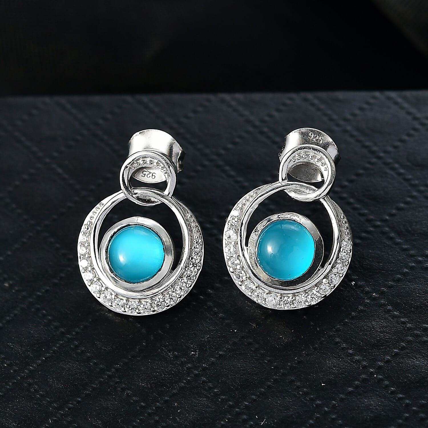 D'Joy Premium Paraiba Moonstone and White Zircon 2.40 ctw Earrings in Platinum Over Sterling Silver