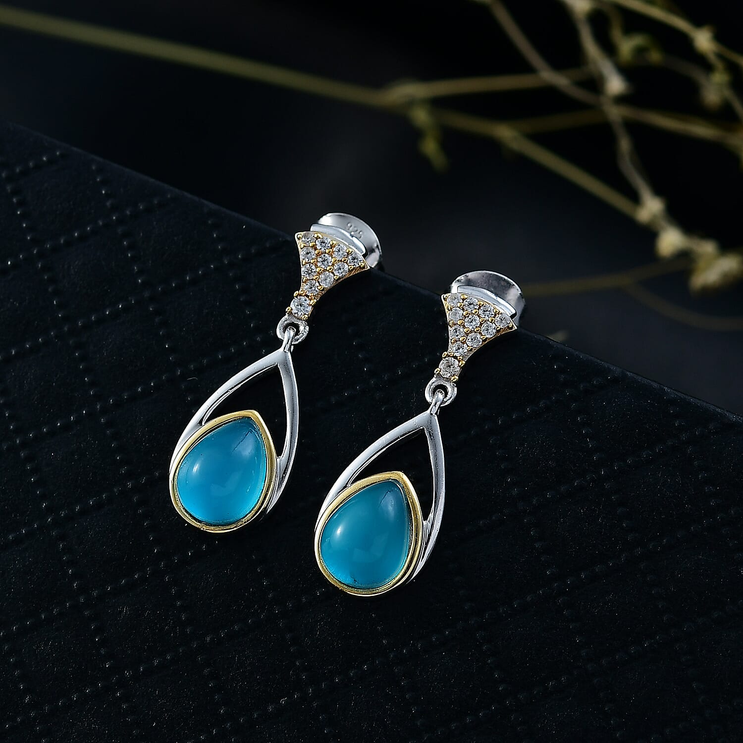 D'Joy Premium Paraiba Moonstone and White Zircon 2.40 ctw Earrings in 18K YG and Platinum Over Sterling Silver